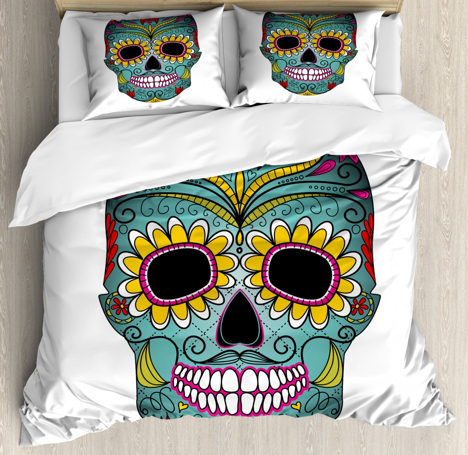 Sugar Skull Duvet Cover Set Folk Art Elements Featured Skull Day