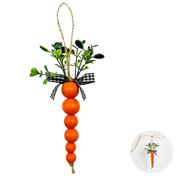 12 Pcs Carrot Ornaments, Wooden Hanging Decorations, 5.3 in Creative Bead Pendants with Green Leaves for Home & Garden Decor