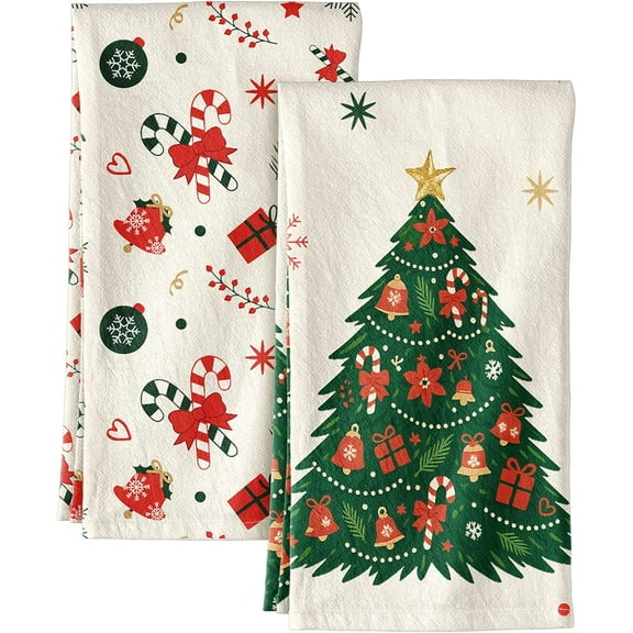 Flour Sack Christmas Kitchen Towels - Christmas Floursack Kitchen Towels 18x26 Inch 2pcs Decorative Xmas Theme Dish Towel for Holiday Cute Designs with Xmas Tree for Gifting