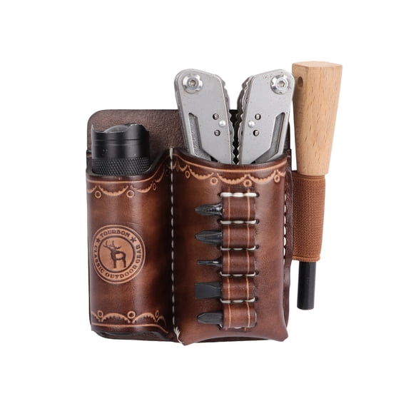 TOURBON Leather Belt Holster for Folding Knife & Flashlight Multi Tool Pouch for Outdoor Construction
