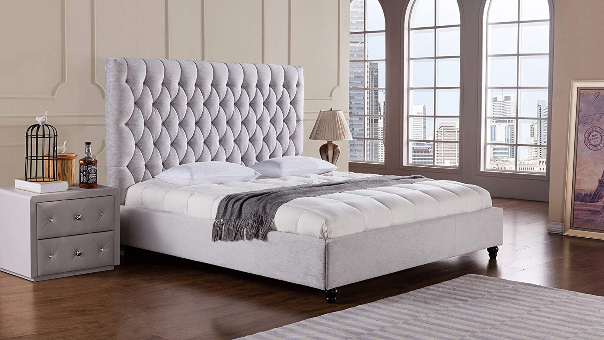 bedroom furniture to match gray tufted bed