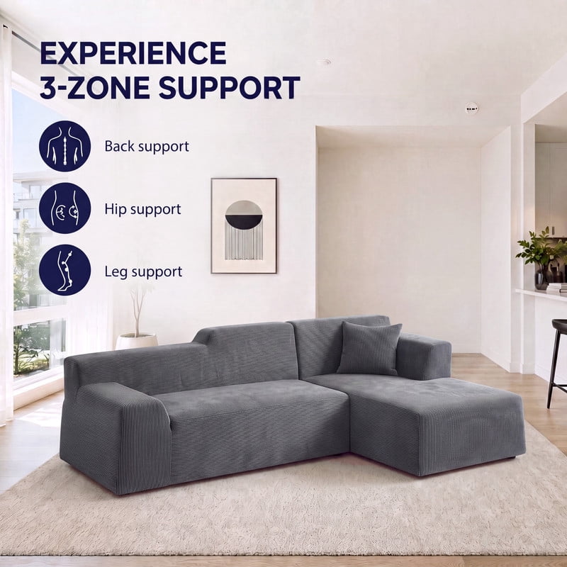 Gewnee 97" L-Shaped Sectional Sofa, Modern Corduroy Modular Sofa Couch with Deep Seat, High Back Cloud Couch, Convertible Ottoman Sectional Couch for Living Room, Black