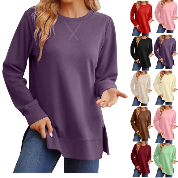 Gswybco Oversized Sweatshirts for Women Casual Long Sleeve Side Slit Tops Fall Fashion Solid Color Crew Neck Tunic Tops