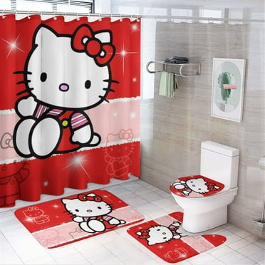 Hello Kitty Family Shower Curtain Sets with Toilet Lid Cover, Non-Slip Rugs and Bath Mat, Home Bathroom Decor Set Accessories Waterproof Shower Curtains with 12 Hooks, 71 x 71 in