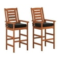 thumbnail image 3 of CorLiving Miramar Solid Wood Outdoor Bar Height Bar Stools with Slatted Backs, Armrests and Cushions, Brown/Black (Set of 2), 3 of 9