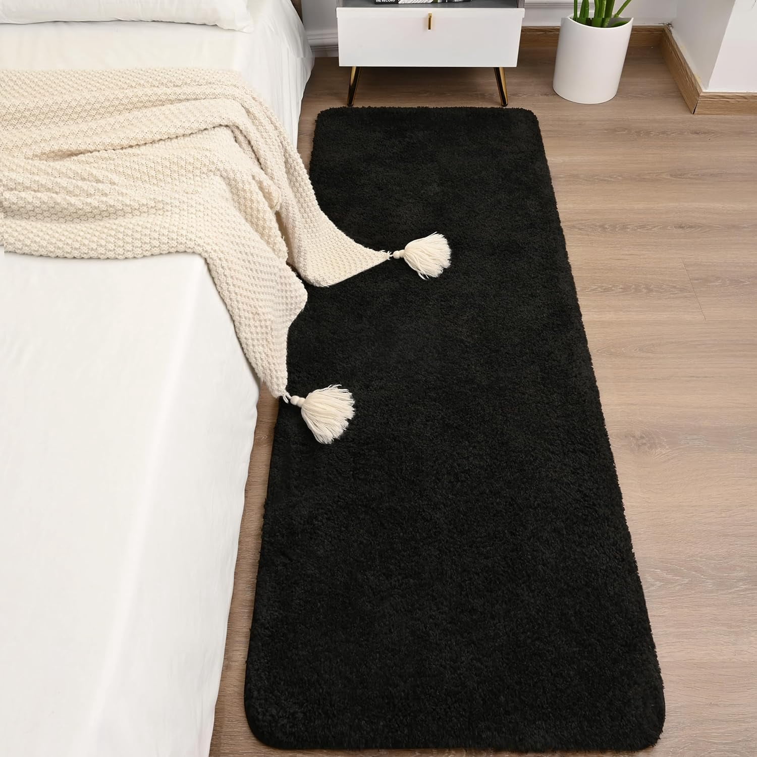Luxury Long Bathroom Runner Rug, 24x84 Inch Thick Soft and Absorbent Microfiber Non Slip Bath Mat, Rubber Backing Quick Dry Rugs Carpets, Washable Plush Mats for Shower Floor, Black