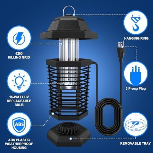 Bug Zapper Outdoor, Electric Mosquito Zapper, Fly Zapper Indoor Fly Traps, Mosquito Repellent Outdoor Patio and Backyard Covers 1/2 Acre, 3 Prong Plug, 4200V, ABS Fireproof Plastic Outer