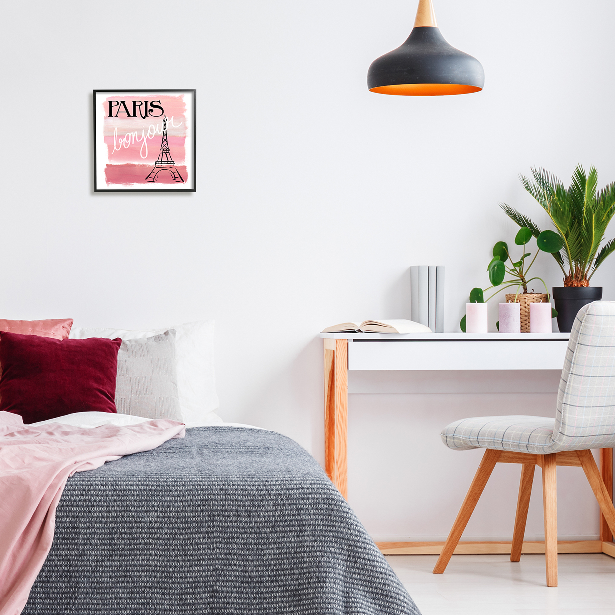 Stupell Industries Paris Bonjour French Eiffel Tower Abstract Pink Stripes, 12 x 12, Design by Nan