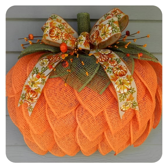 VANIDO Farmhouse Pumpkin Wreath for Front Door, Burlap Pumpkin Garland with Bows and Berries, Fall Door Wreath for Autumn Halloween Thanksgiving Wall Indoor Outdoor Decor