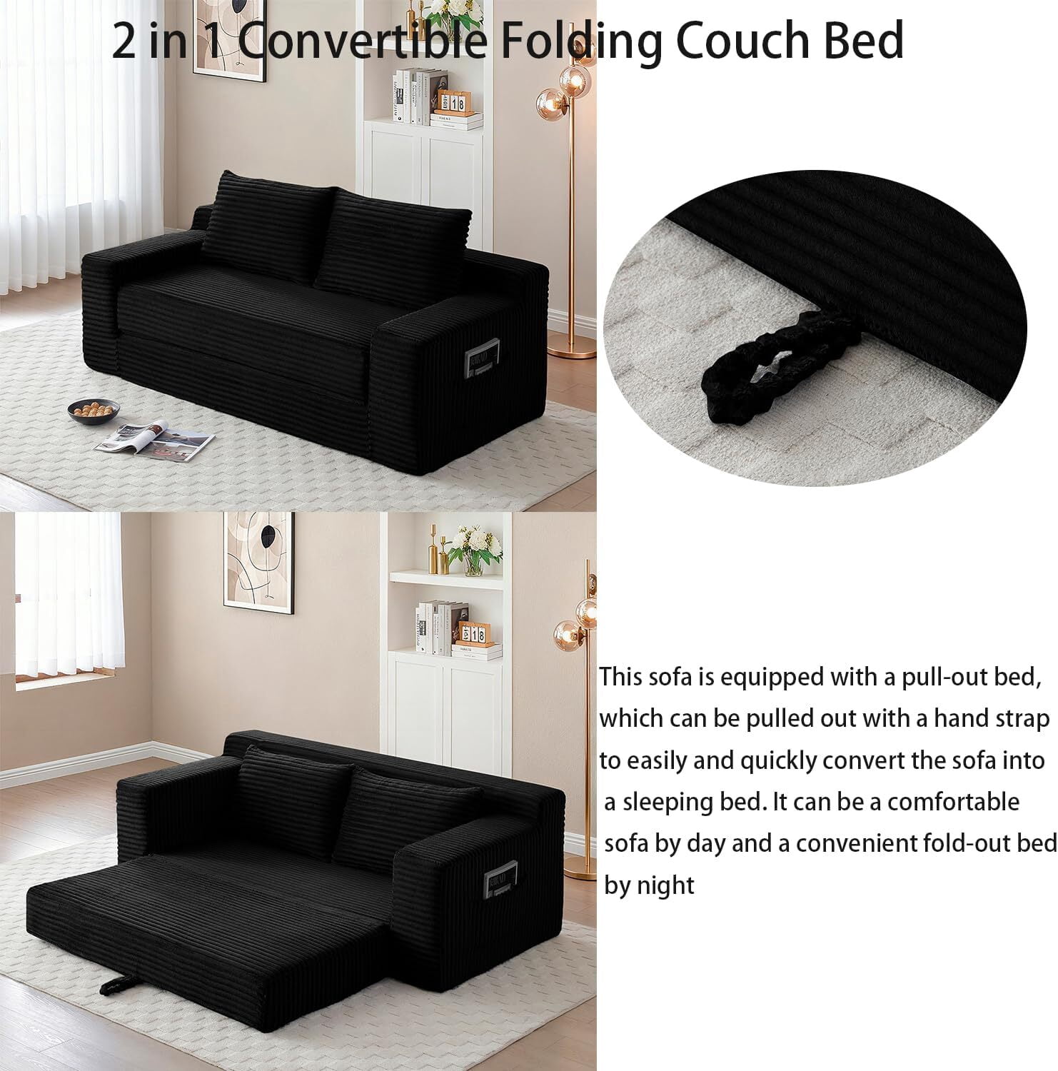 Howcool 73" Boneless Loveseat Sleeper Sofa,2 in 1 Pull Out Convertible Corduroy Floor Couch with Side Storage Pockets & 2 Throw Pillows,Foldable Guest Couch for Living Room,No Assembly Required,Black