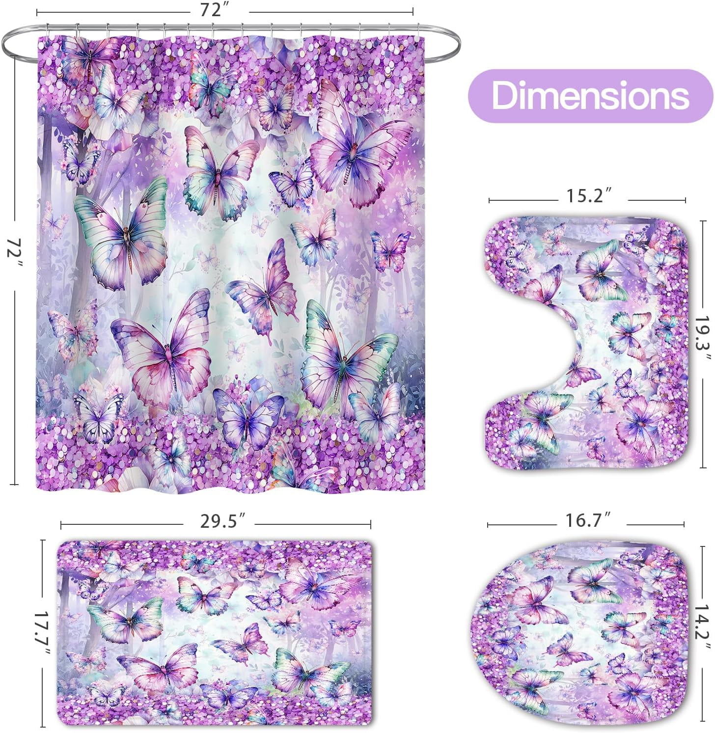 4 Pcs Blue Floral Butterfly Shower Curtain Set with Non-Slip Rugs, Modern Toilet Lid Cover and Bath Mat, Sparkling Bathroom Decor Set with Shower Curtain and Rugs