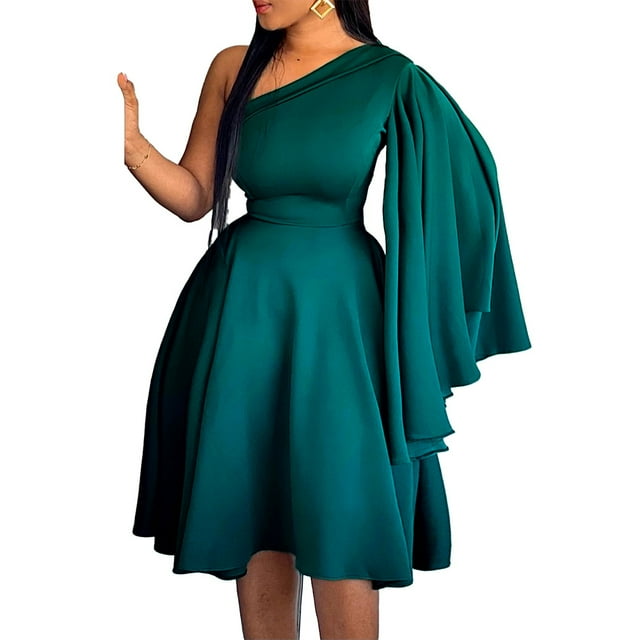 Vestido De Fiesta De Cóctel con Manga Acampanada Y Cuello Diagonal para Mujer,Green-L