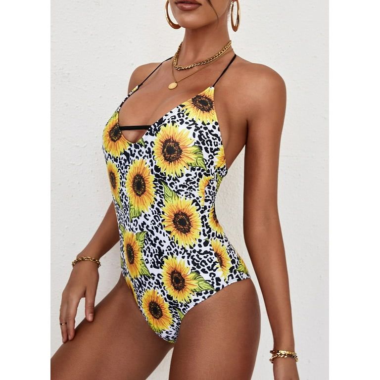 Women's Sunflower Bikini One-Piece Swimwear Backless Swimsuit