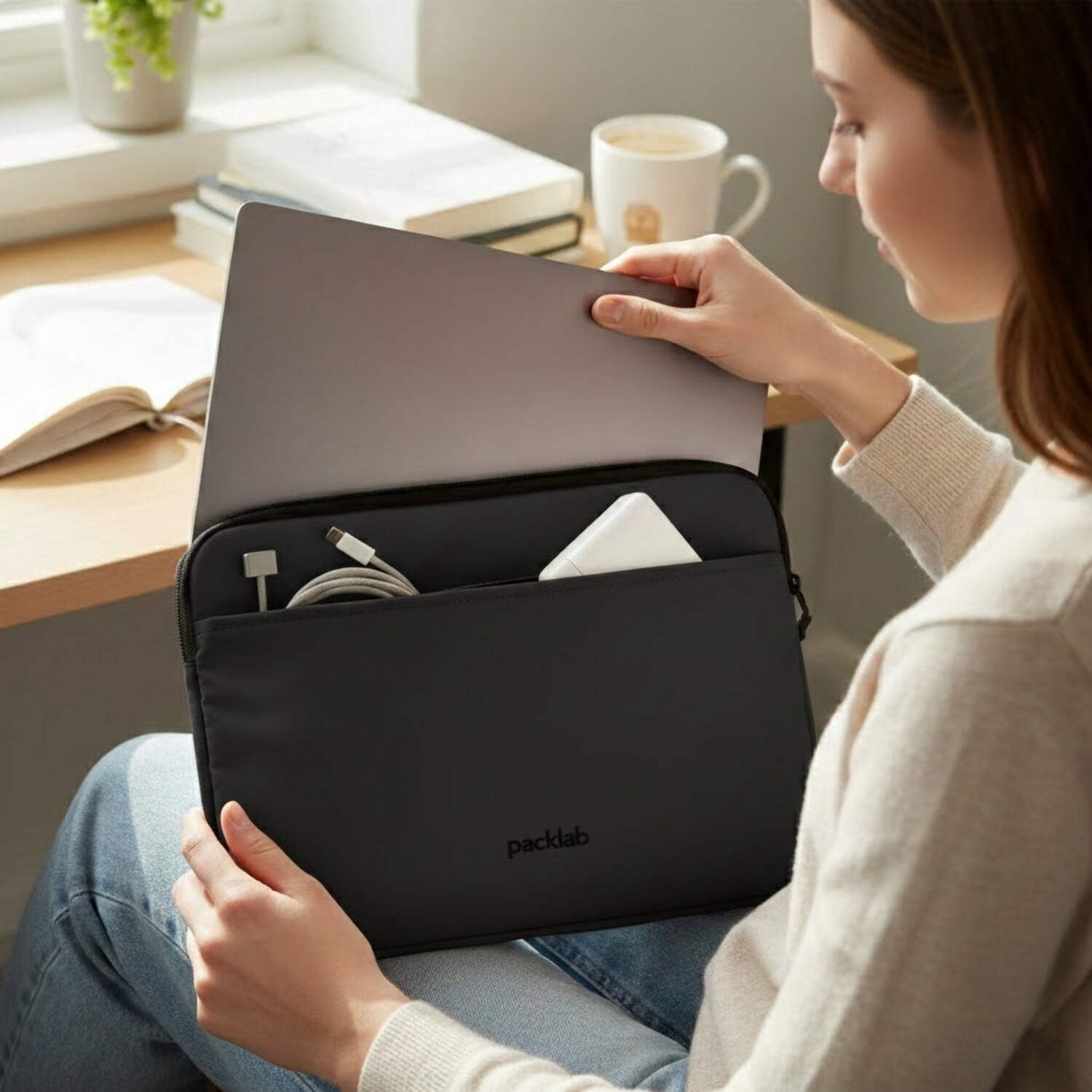 packlab Black Laptop Sleeve with Pocket – Slim Padded 14 Inch Computer Case for Work, Travel, and Everyday Laptop Protection