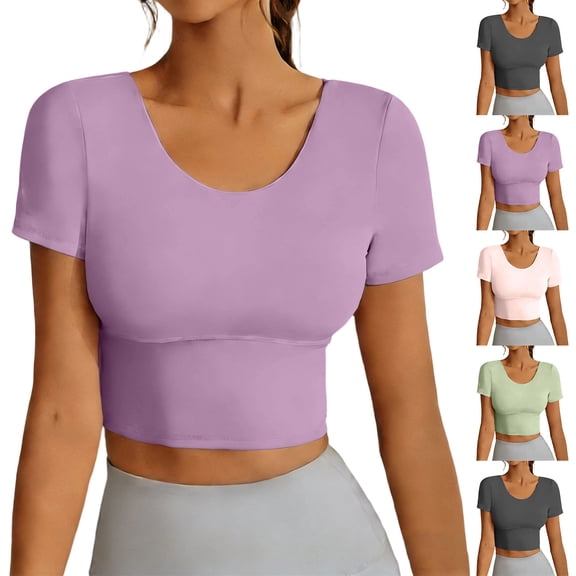 FNFYFH Built in Bra Tops for Women Short Sleeve Workout Shirts Slim Fitted Backless Athletic Crop Tops Strappy Cross Back Yoga Running Gym Shirts