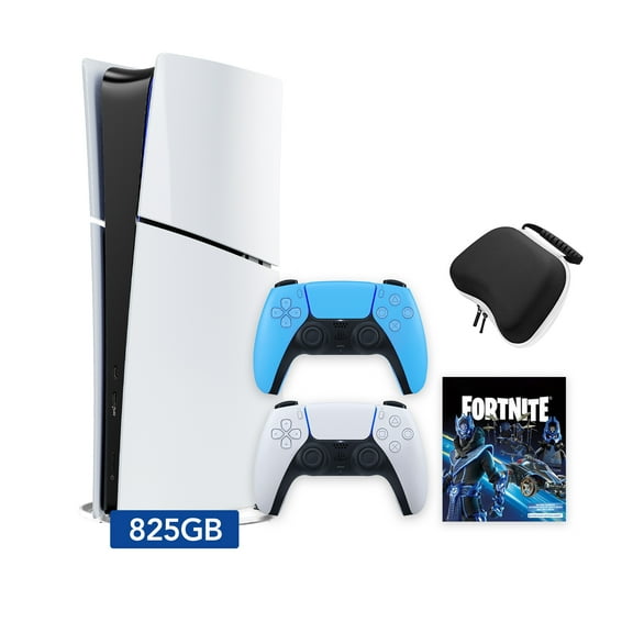 PlayStation 5 Slim Digital 825GB SSD Fortnite Cobalt Star Console with Two Controllers, White and Starlight Blue DualSense and Hard Shell Protective Controller Case - PS5 Slim Digital Console