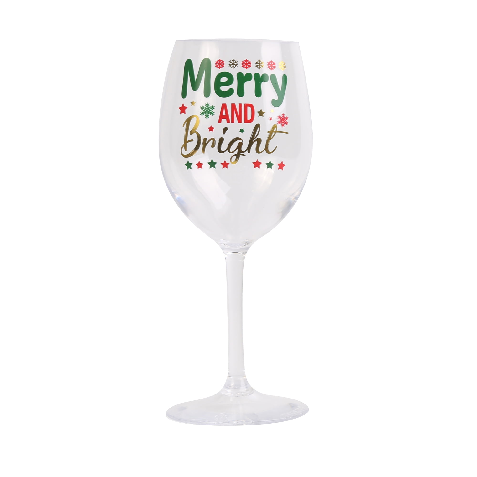 Holiday Time Merry Wineglass, with Stem Style, Plastic Cups, Clear with Patterns,Christmas Party