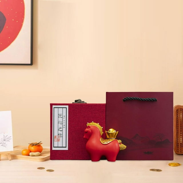 Estatua de caballo, decoración Feng Shui, regalo de año Nuevo chino, pequeña escultura de caballo para sala de estar, estante, chimenea, escritorio de Caja de regalo de lingotes rojos