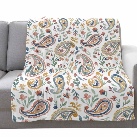 Yellow Blue Flower Fleece Throw Blanket Lightweight Watercolor Abstract Paisley Bohemia Texture Fuzzy Flannel Throws Super Soft Cozy Flannel Blanket for Couch, Sofa, Bed, Travel 40"x50"