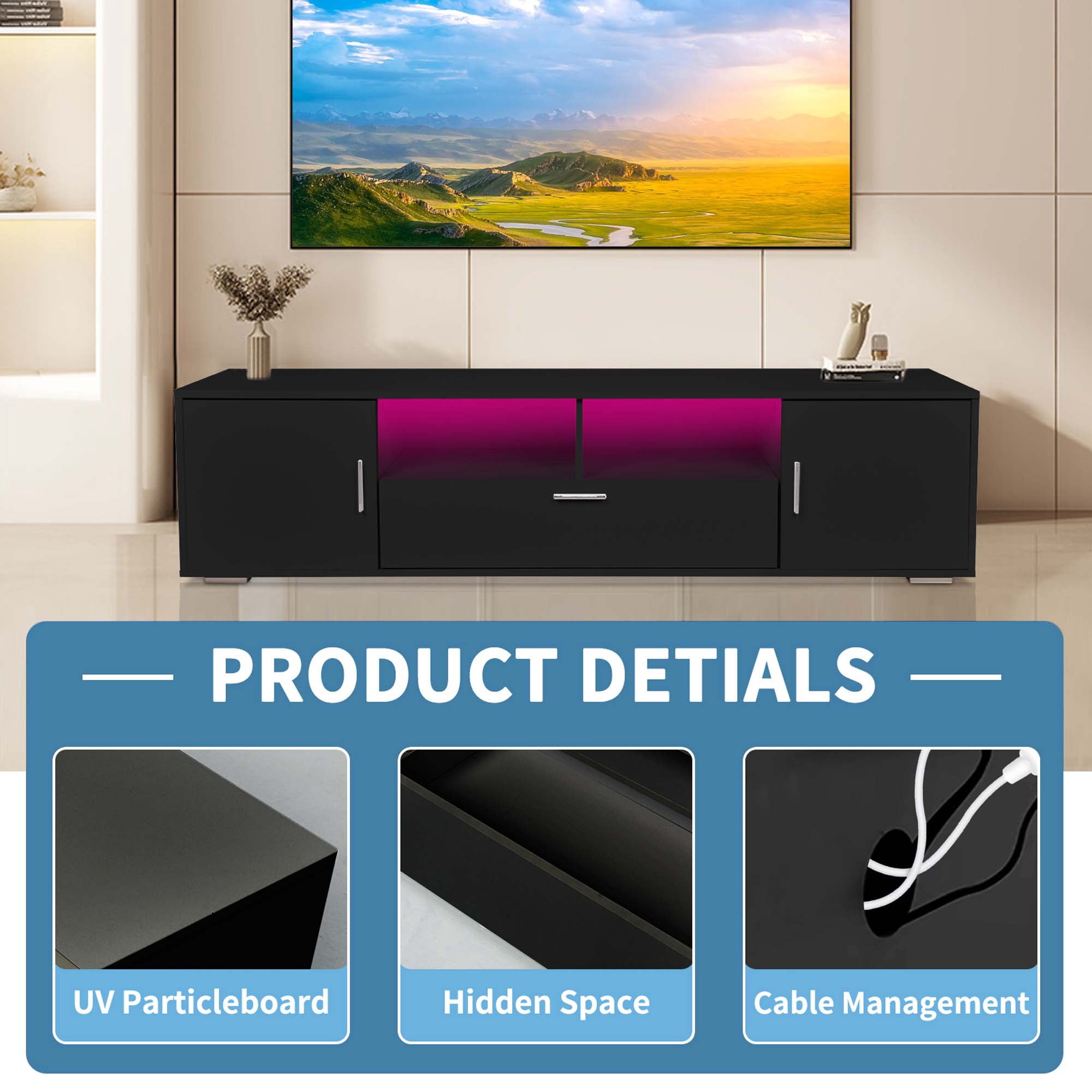 Aukfa Modern TV Stand with LED Light for TVs up to 70" - Entertainment Center TV Cabinet for Living Room - Black