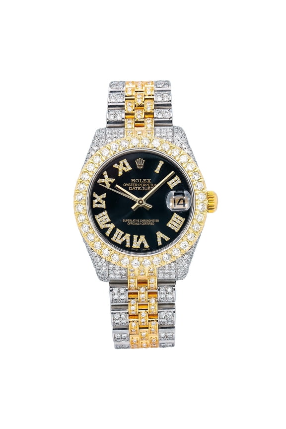 Pre-Owned Rolex Datejust 31MM 178273 Black Roman Diamond Dial Diamond Bezel Two Tone Yellow Gold Full Diamond Jubilee Bracelet