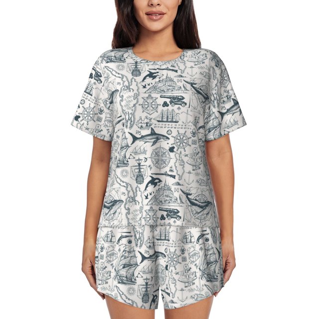 Fotbe Vintage Sailboats Conjunto de Pijama Estampado para Mujer, 2 Piezas, Ropa de Dormir con Camiseta de Manga Corta y Shorts Suaves-X-Large