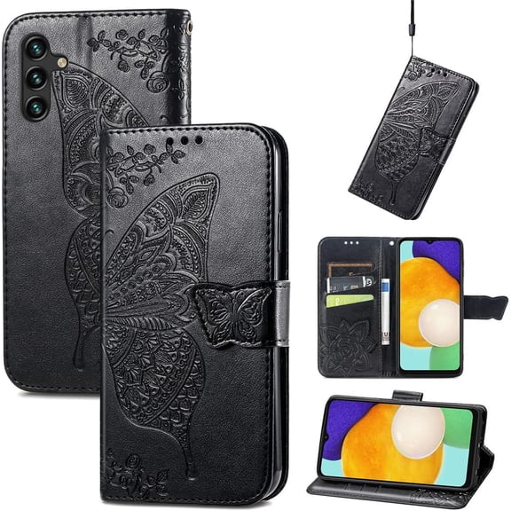 Compatible with Samsung Galaxy A14 5G Wallet Case for Women, Leather Flip Folio with Kickstand Magnetic and Card Holder Protective Case for Samsung Galaxy A14 5G Butterfly Black SD