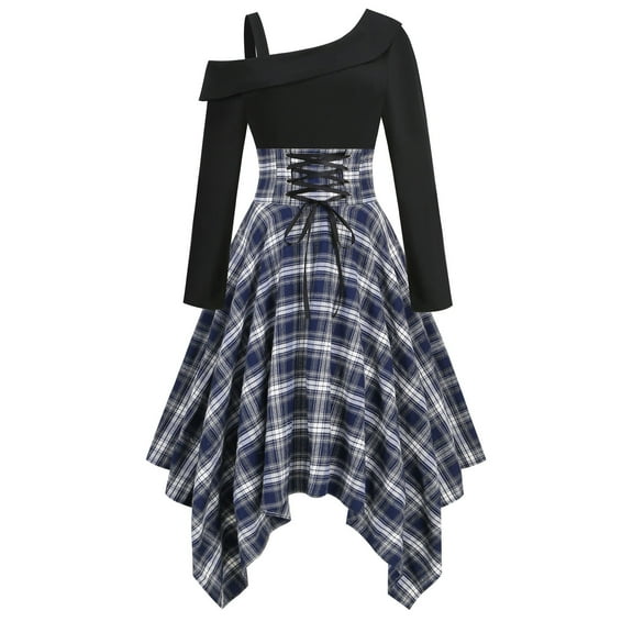 Njagoc3 Womens Short Sleeve Plaid Asymmetrical Dress, Belted Waist, Casual Picnic & Festival Outfit