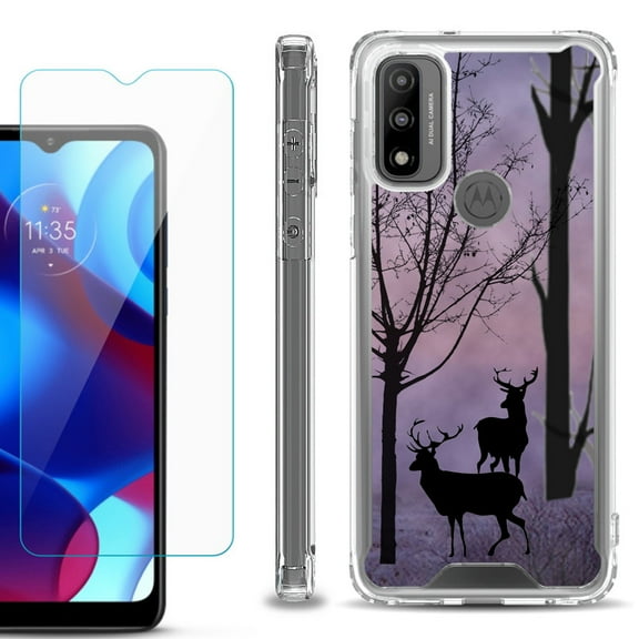 Shockproof Bumper Phone Case for Motorola Moto G Pure, with Tempered Glass Screen Protector, by OneToughShield ® - Forest/Deer/Twilight