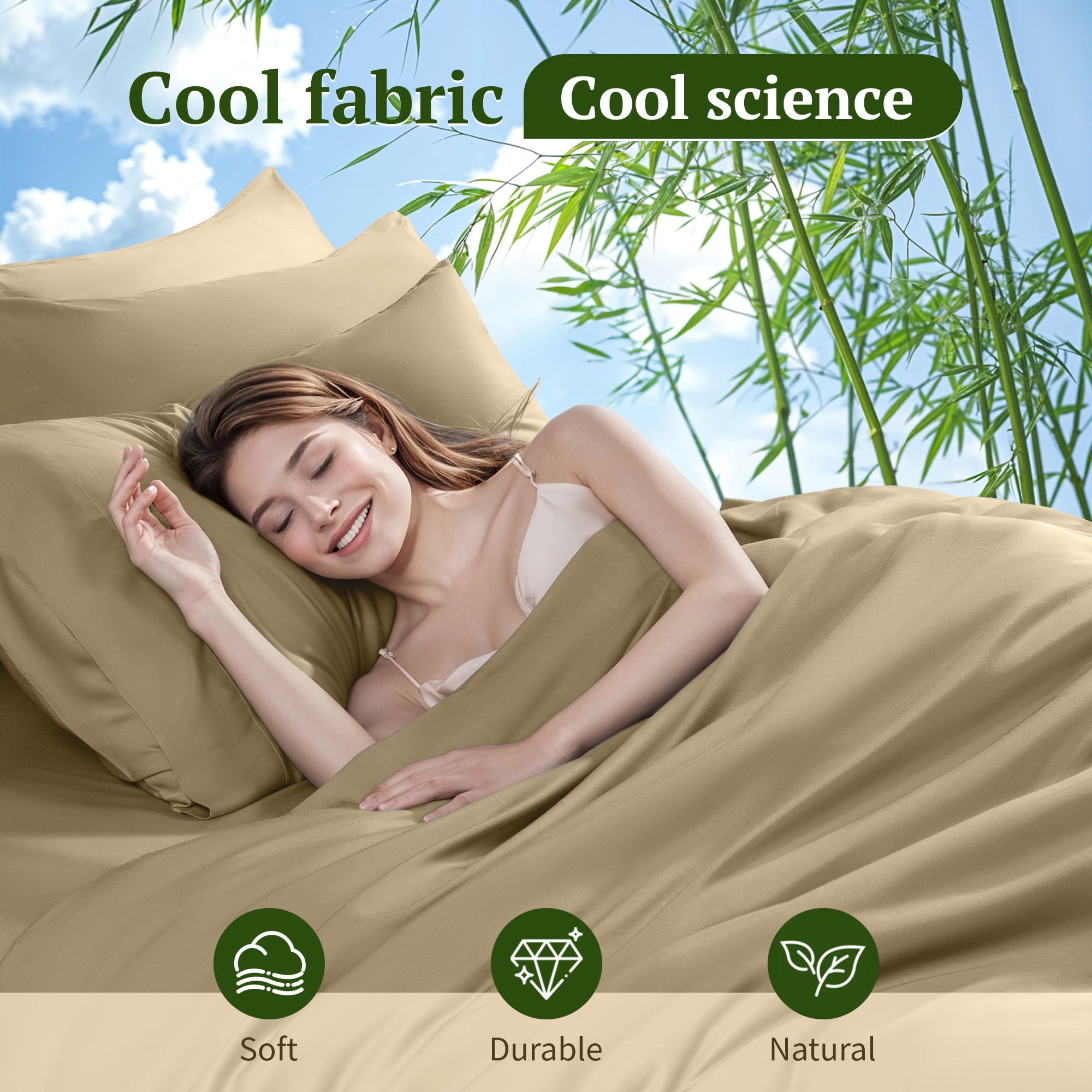 SONORO KATE 6 Pieces Bamboo Bed Sheets Set, Luxury Rayon Derived - Deep Pockets - Wrinkle Free - Extremely Soft, Queen, Beige