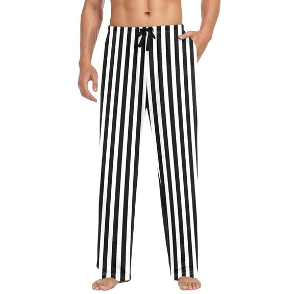 Cotton Mens PJ Pajama Pants Bottoms Waistband Sleepwear with Pockets Black and White Striped