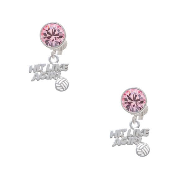 Delight Jewelry Silvertone Hit Like a Girl with Enamel Volleyball Pink Crystal Clip on Earrings