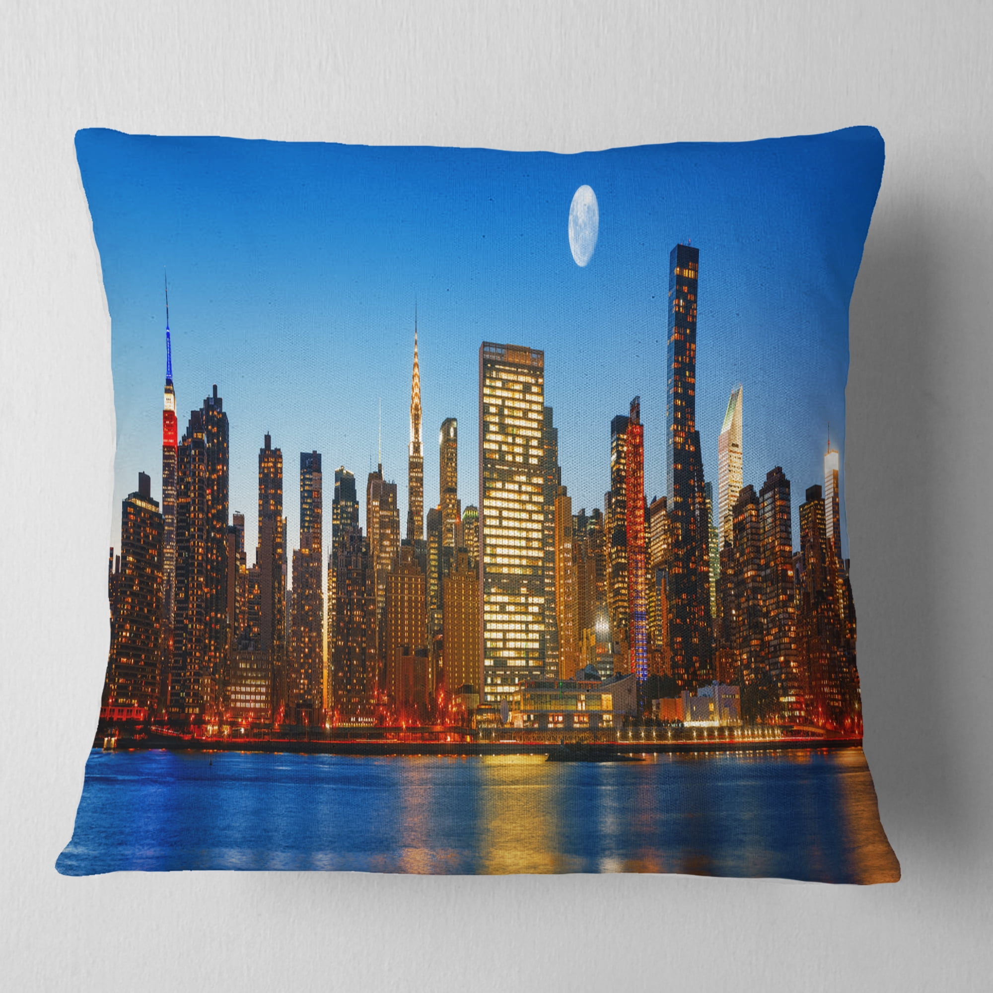 Designart Late Evening NYC Skyline Panorama - Cityscape Photo Throw Pillow - 18x18