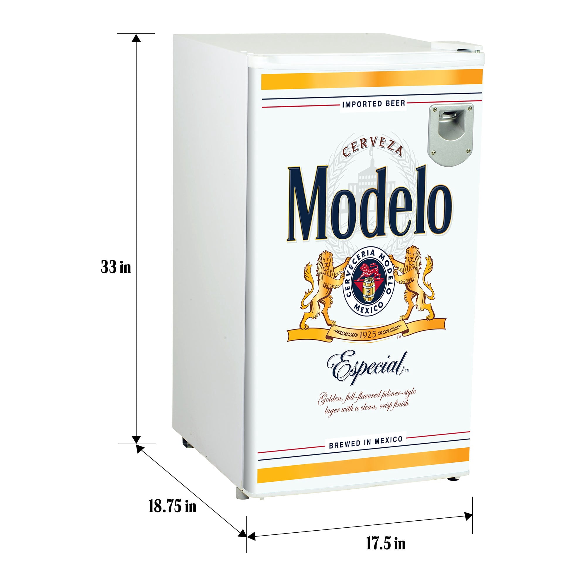 Modelo Compact Fridge w/ Bottle Opener, 3.2 cu ft (90L), White, Space-Saving Flat Back Design, Reversible Door, Tempered Glass Shelves, Licensed Modelo Artwork, Perfect for Beer-Lovers