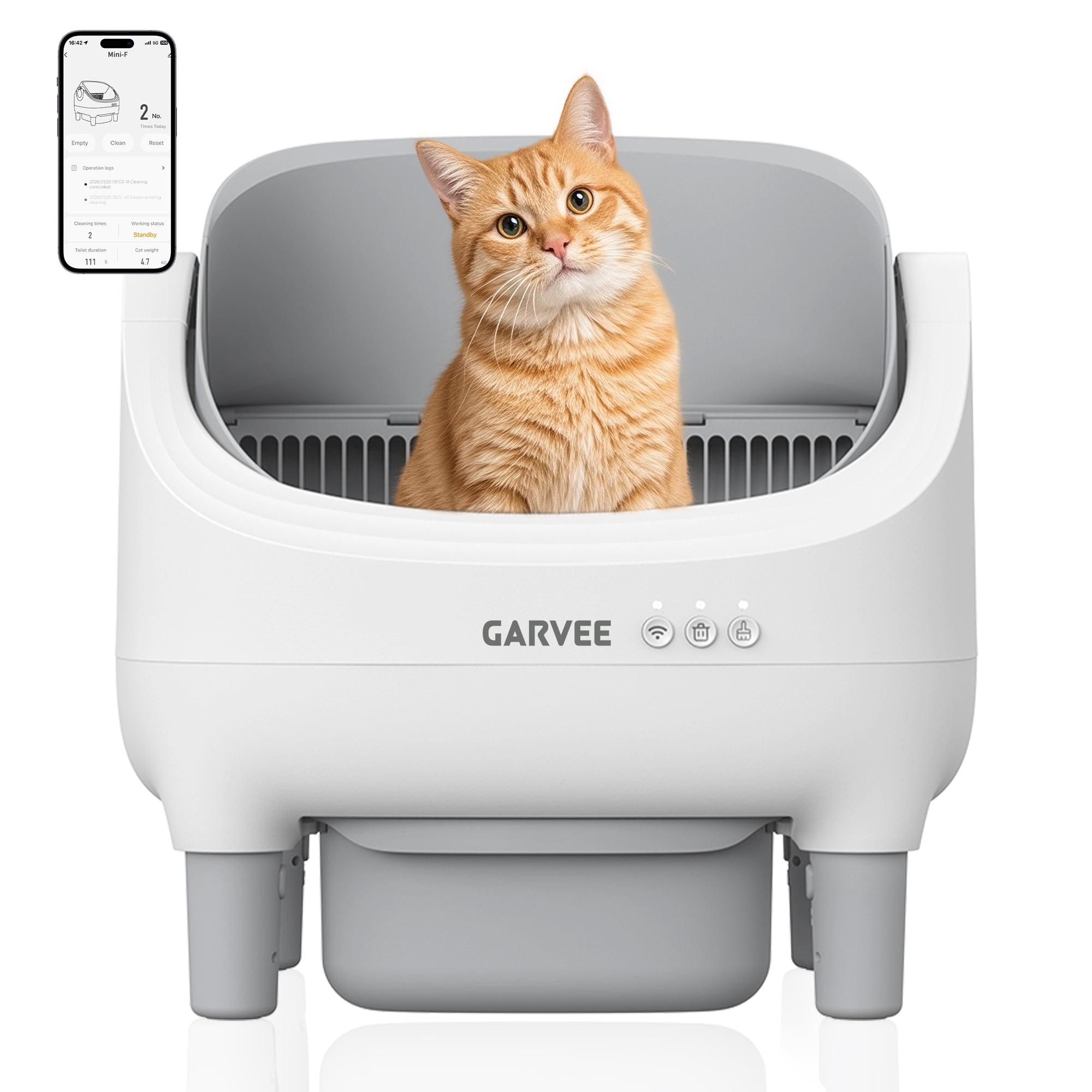 Garvee Automatic Self Cleaning Cat Litter Box, Open Top Smart Litter Box with App & WiFi Control, Odor Control, Ultra Quiet, Safety Sensors for Multiple and Large Cats (Light Gray)