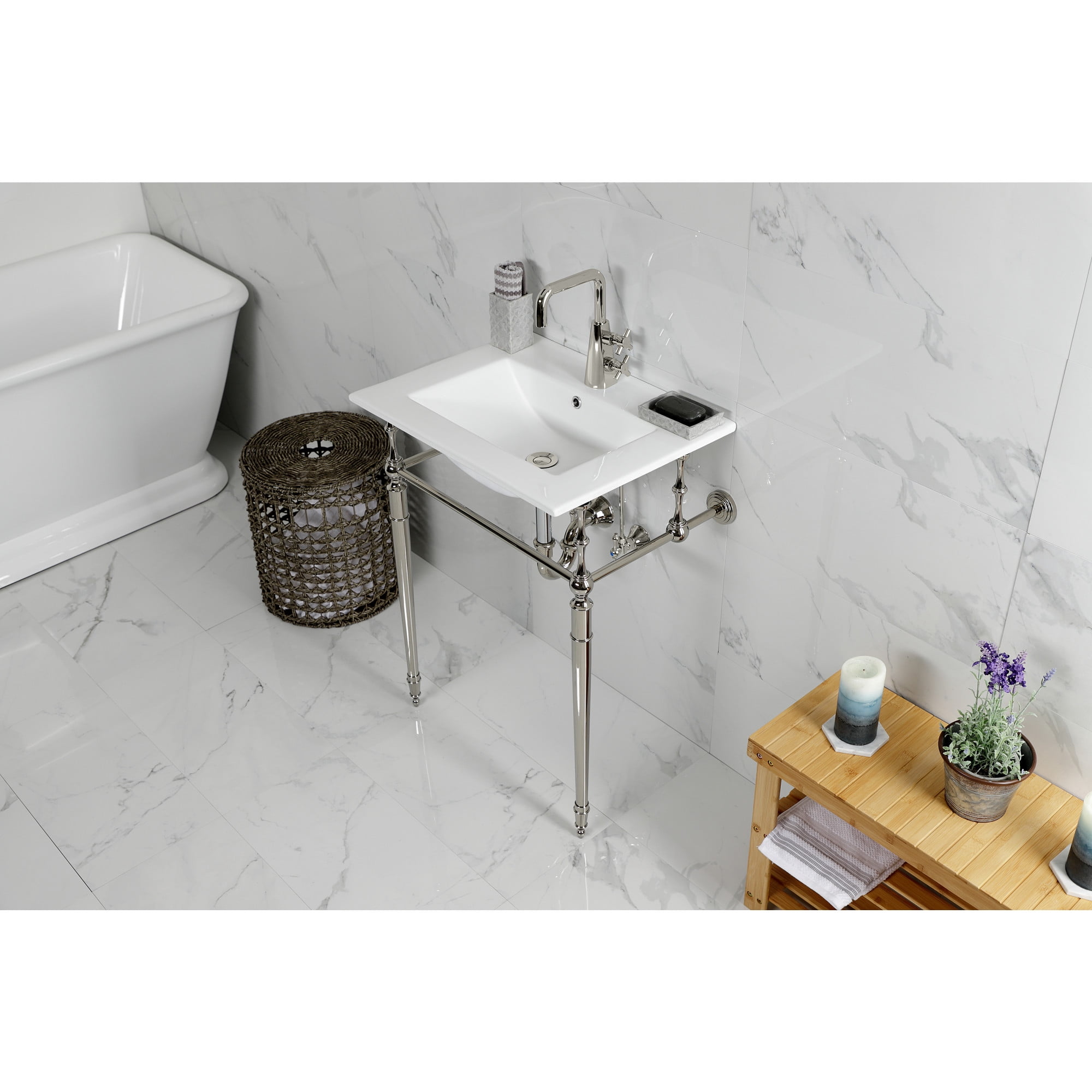 Kingston Brass KVPB24187W1PN Edwardian 24" Ceramic Console Sink with Brass Legs (1-Hole), White/Polished Nickel