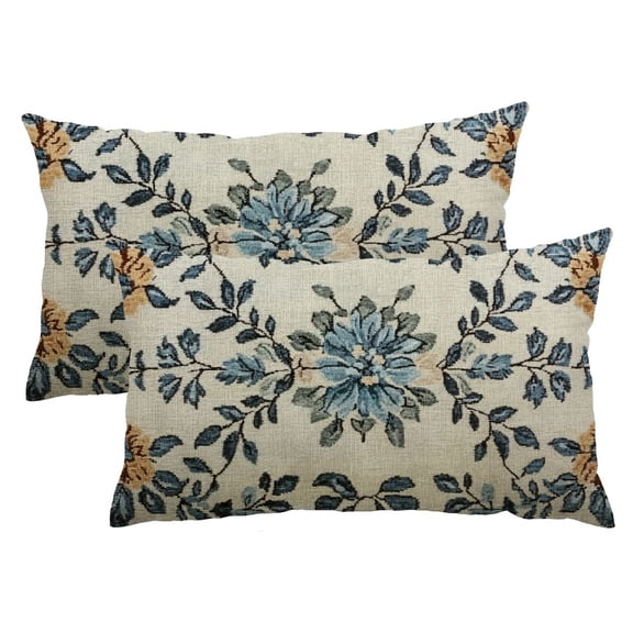 PHYHOO Design Linen Rectangle Throw Pillow Covers 12"x20" Pack of 2, Cottage Farmhouse Cushion Covers with Blue Grey Vine Pattern Decoration Pillowcases for Bed, Living Room, Outdoor, Car 12x20inch
