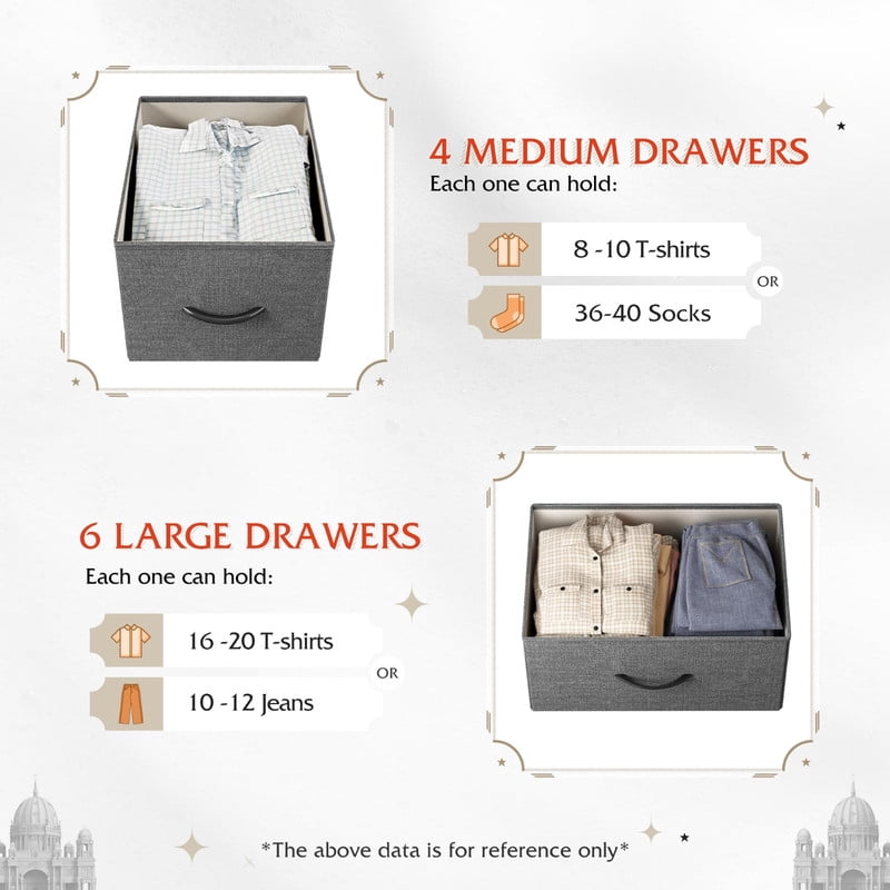 Kelno 10 Drawers Fabric Cabinet Metal Frame Wide Wood Top Tall Storage Tower TV Stand Clothes Organizer for Bedroom Living Room,Grey