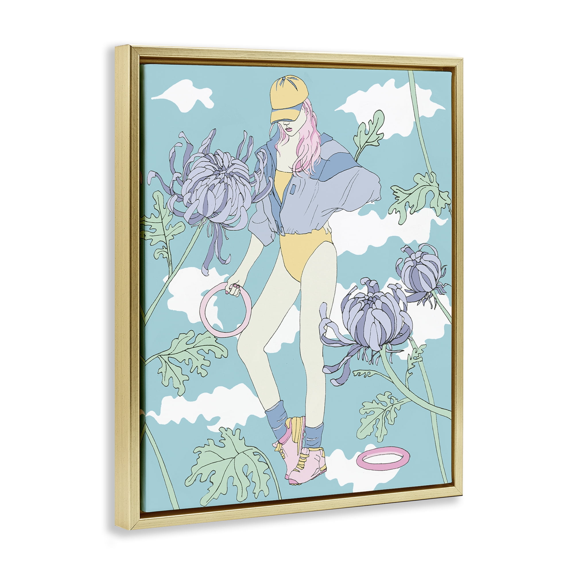 Stupell Industries Exercise Girl with Clouds People Painting Gold Floater Framed Canvas Art Print Wall Art, 25 x 31