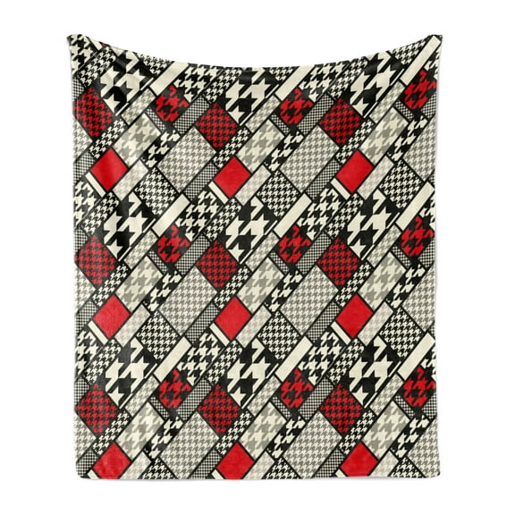 Modern Soft Flannel Fleece Throw Blanket, Minimalist Abstract Pattern with Retro Fashion Geometric Effect, Cozy Plush for Indoor and Outdoor Use, 50" x 60", White Black Red, by Ambesonne