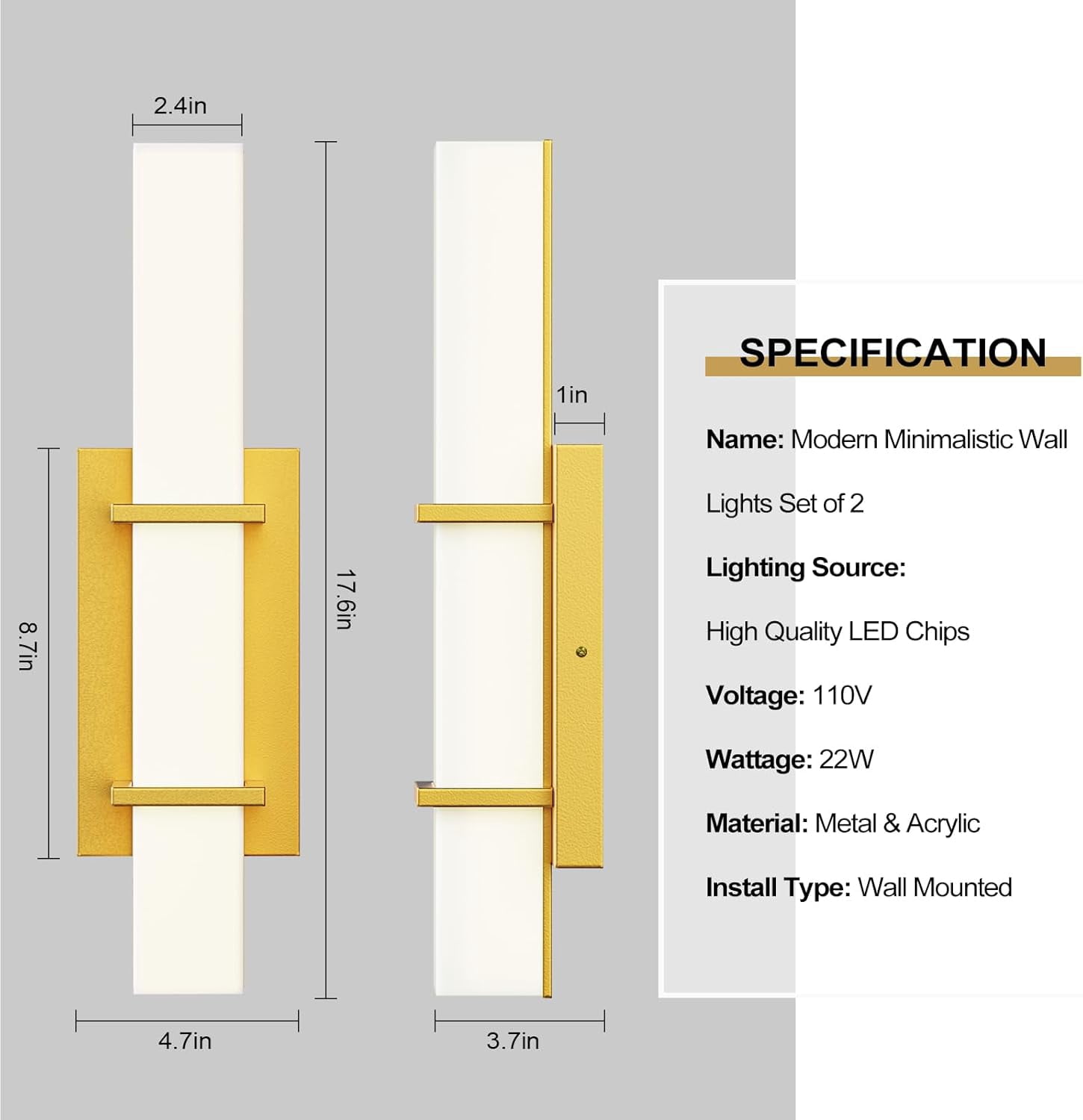 2-Pack Modern LED Wall Sconce Light Fixture, 17.6 in. Dimmable Gold Hardwired Bathroom Vanity Lights (Set of 2), Up/Down Acrylic Wall Lighting for Mirror, Hallway, Living Room Accent Decor