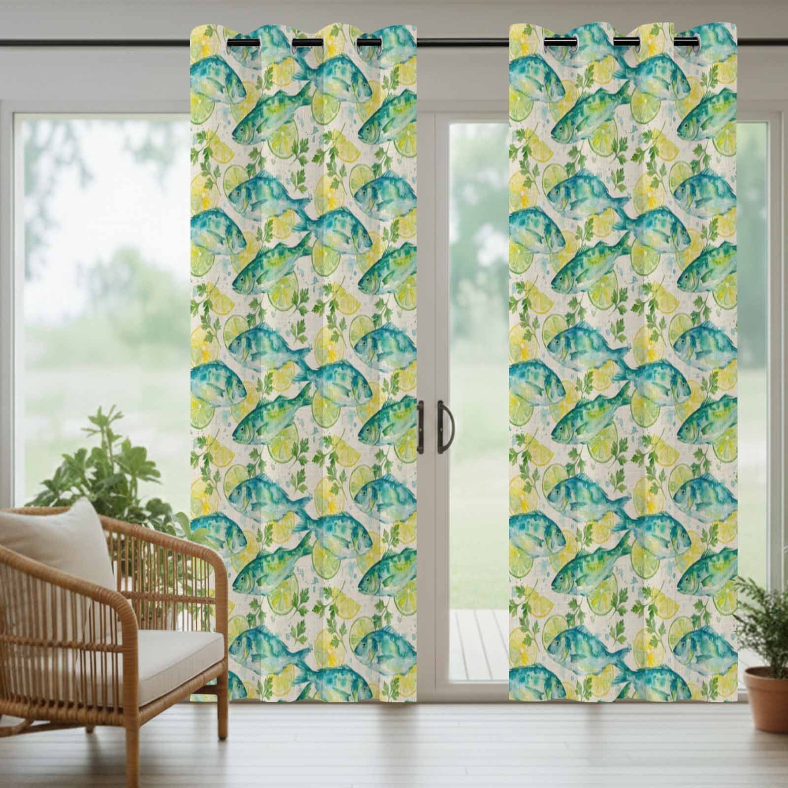 Summer Oceans Fish Outdoor Curtains for Patio, Country Sea Watercolor Yellow Lemon Leaf Linen Sunshade Privacy Drapes Grommet Waterproof Outside Curtains for Porch/Cabana/Balcony 54"x 108", 1 Panel