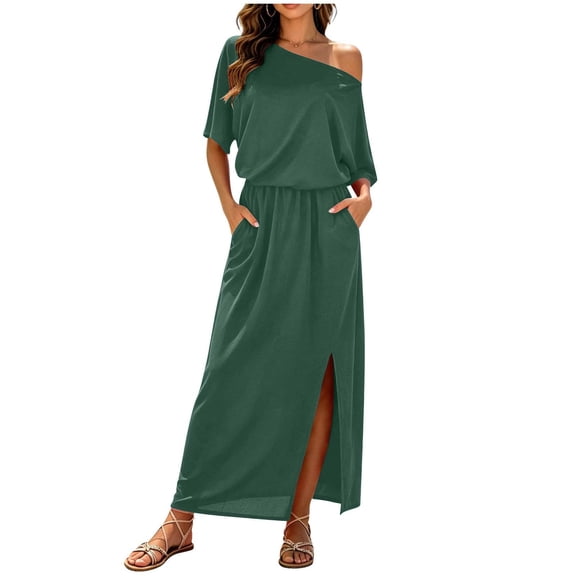 Iyufng Long Dresses for Women Fitted Waist Off-The-Shoulder Dress Slit Dress Summer Beach Long Dress