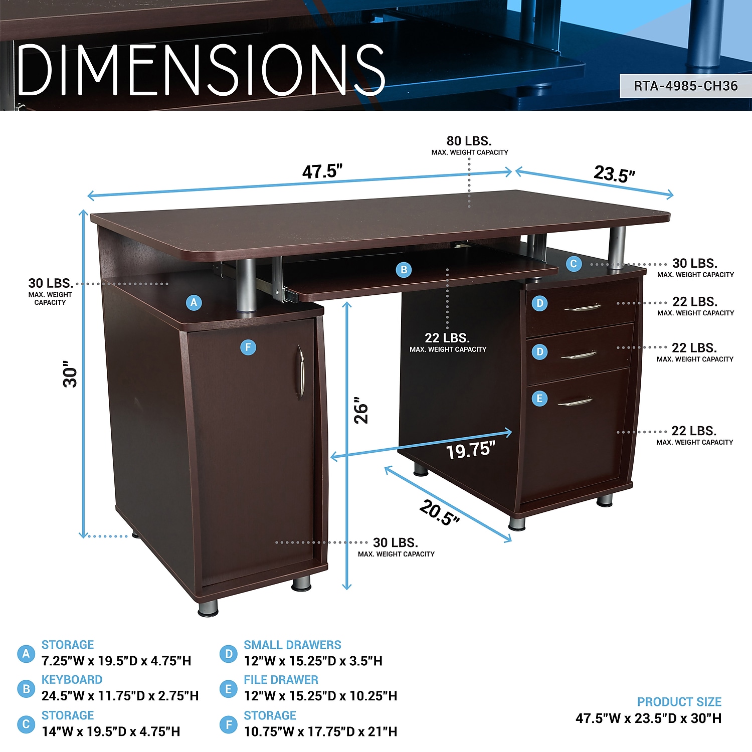 Techni Mobili 47"W Computer Desk Chocolate (RTA-4985-CH36)