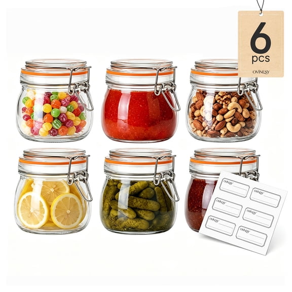 OVINESY 6-Pack 17oz Glass Mason Jars with Airtight Lids, BPA-Free Glass Storage Containers for Food, Pickling, Sugar, Cookies & Nuts, Kitchen Canisters for Pantry Organization, Small Jar with Lids