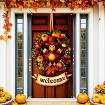 Loyerfyivos 70 x 35 Inch Happy Thanksgiving Banner Door Cover, Fall Harvest Turkey and Pumpkin Themed Porch Sign, Front Door Wall Backdrop for Indoor Outdoor Party Decorations and Photo Booth Props