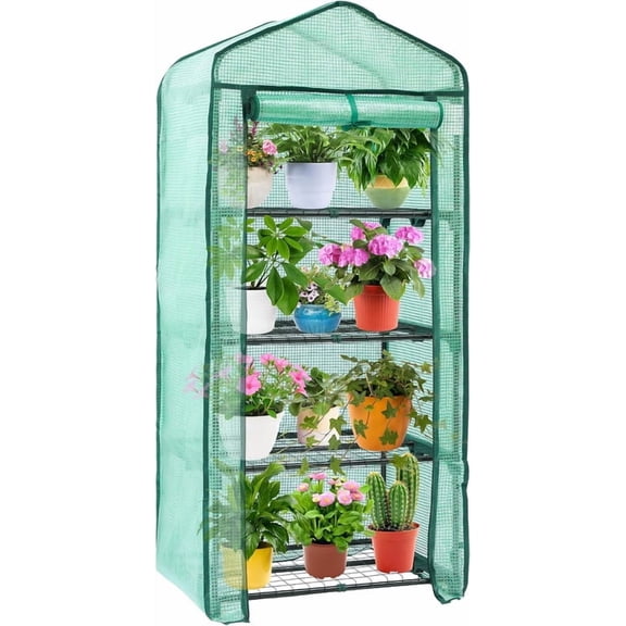 Simenmax 4-Tier Mini Greenhouse with PVC Cover, 27'' Portable Greenhouse for Seed Starting, Plants, Herbs,Green