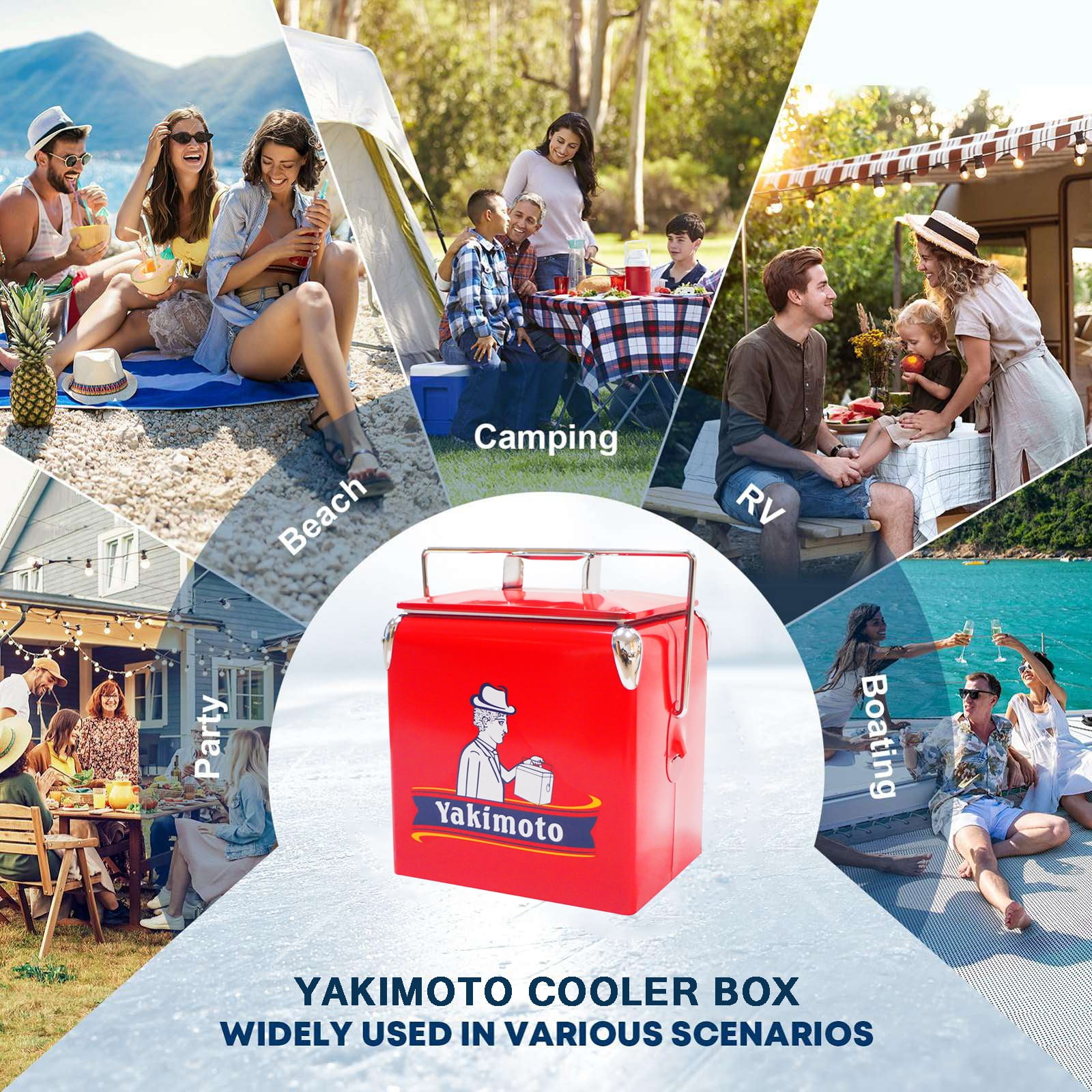 Yakimoto 14-Quart Vintage Metal Beverage Cooler with heavy-duty handle and secure locking lid for keeping drinks cold during outdoor tailgating