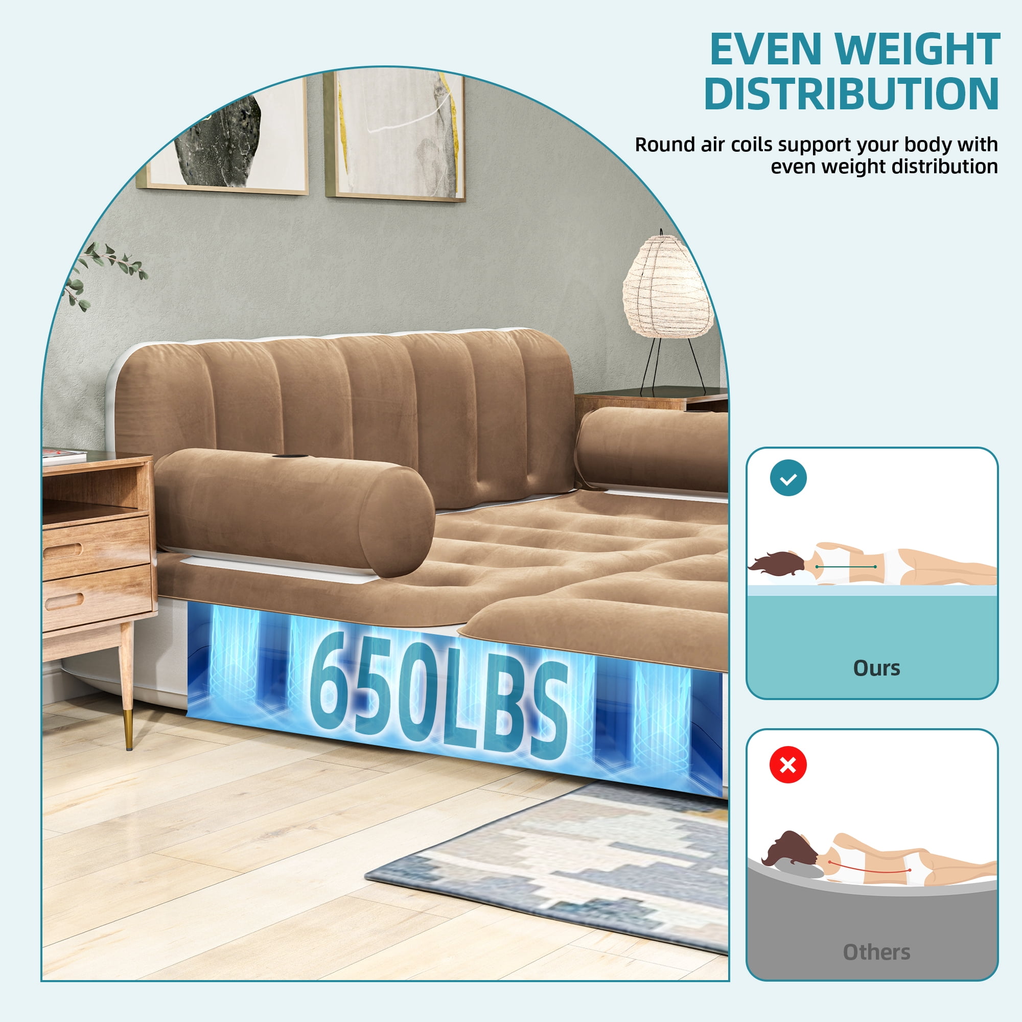 Uforic Queen Size Air Mattress with Built-in Air Pump, Brown Bed Skirt and Gray Top Including Repair Kit and Storage Bag, Supports Inflation/Deflation