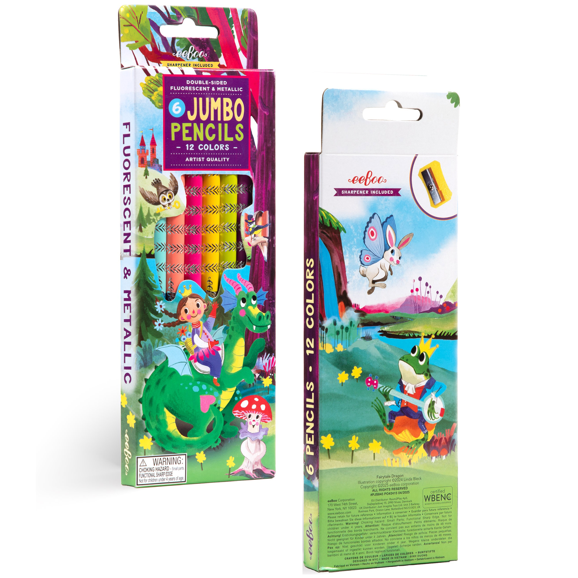 eeBoo: Jumbo Double-Sided Colored Pencils – Fairytale Dragon - 6pc, 12 Metallic & Fluorescent Colors, Sharpener, Chunky Foil Barrel, Kids Art Supplies